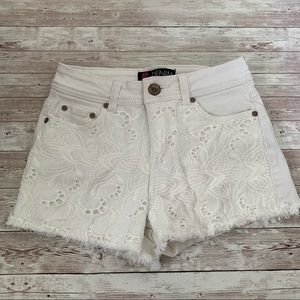 Bebe White Denim Crochet Lace Overlay High Waisted Raw Frayed Hem Jean Shorts